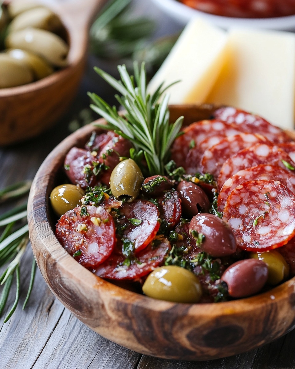 Easy Marinated Cheese Appetizer: Salami, Olives & Herbs