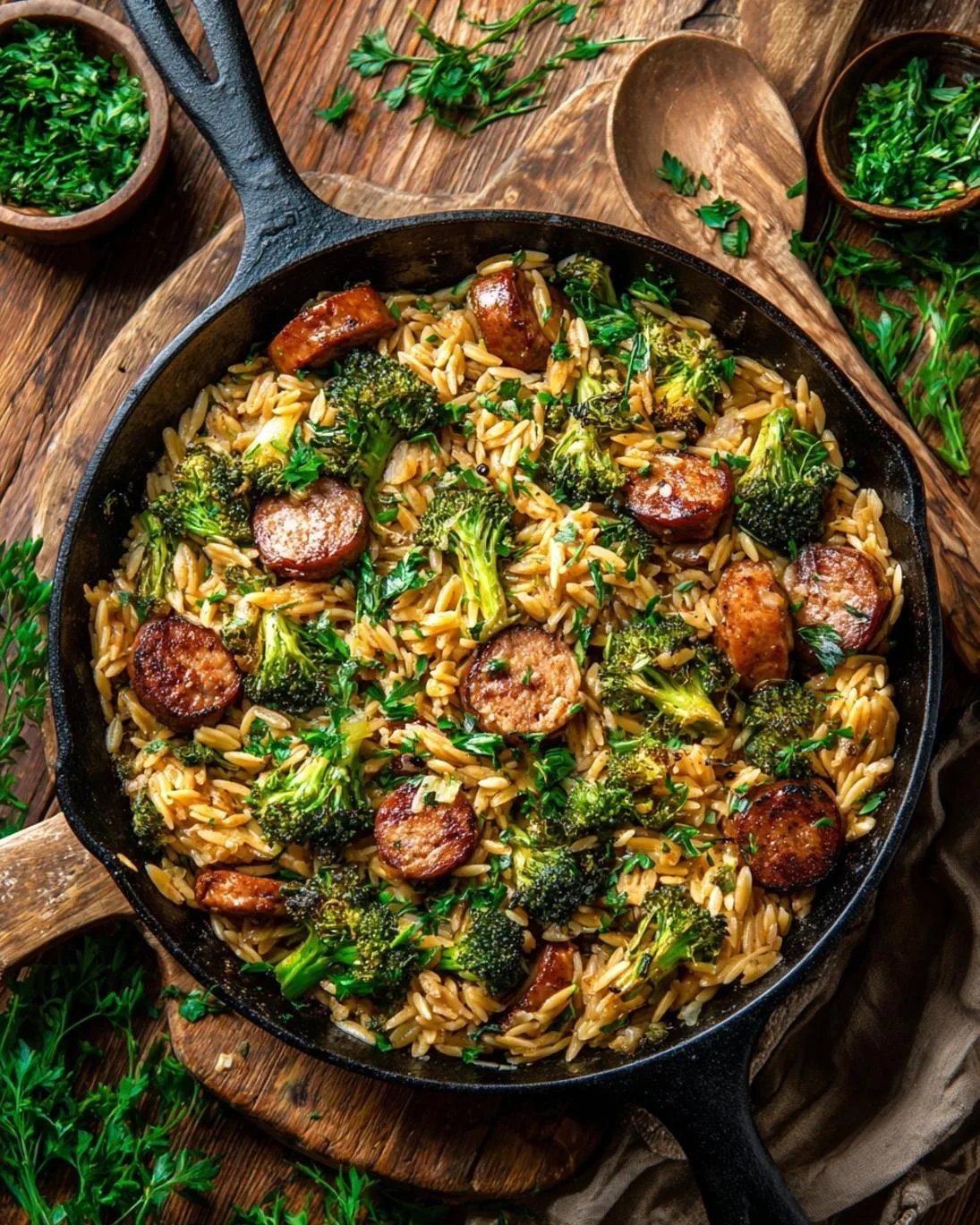 Delicious Chicken Sausage & Broccoli Orzo Skillet