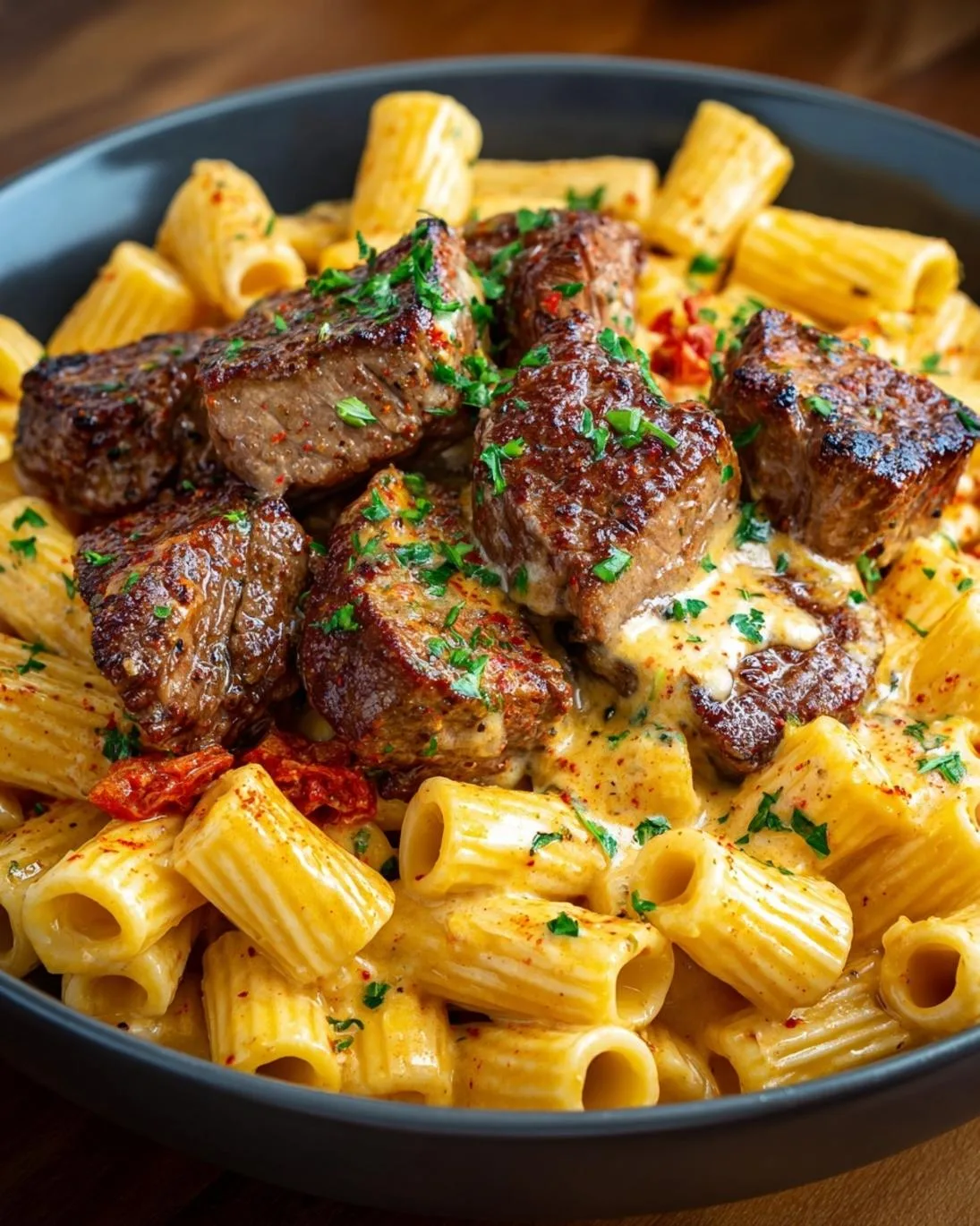 Easy Cajun Steak Tips with Cheesy Rigatoni Pasta