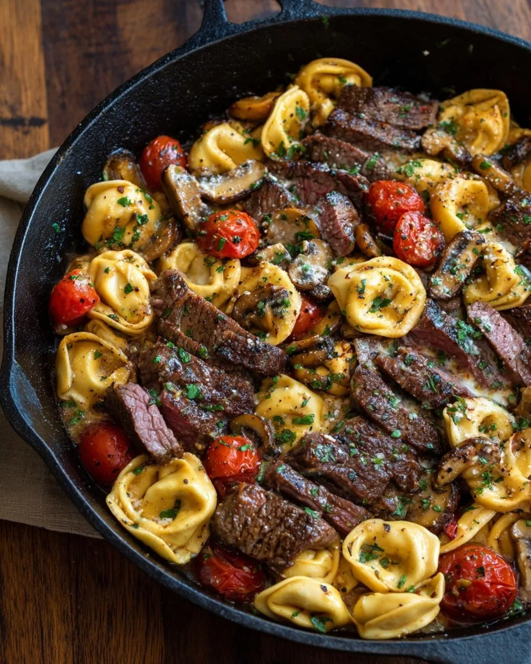 Easy Garlic Steak and Tortellini Skillet